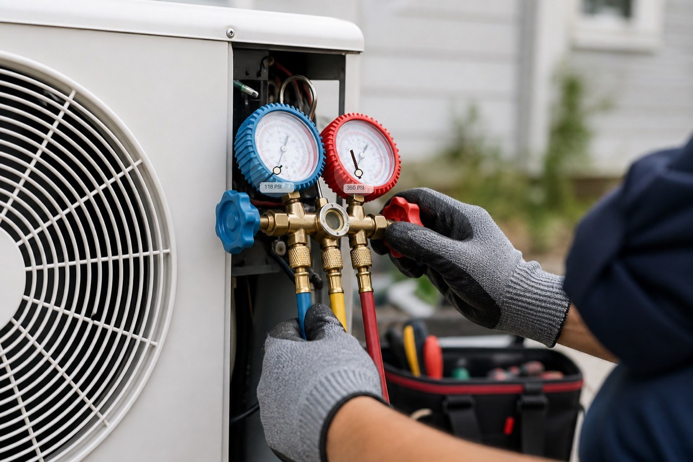 HVAC manifold gauges connected to outdoor AC condenser