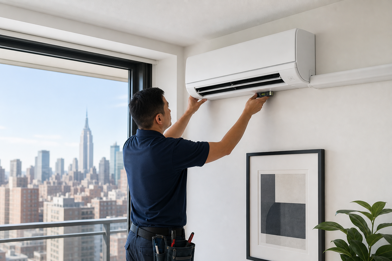 Technician installing a ductless mini split indoor unit